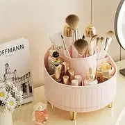 Moikiwi Makeup Organizer, 360-Degree Rotating Desk Organizers with Lid, Cosmetic Display Case, Art Supply Storage Box Caddy for Office Desk, Vanity, Countertop, Bathroom, Pink
