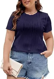 [LALAGEN] Womens Plus Size Summer Work Tops Textured Short Sleeve Crew Neck Tunic Business Casual T Shirt Basic Top Blouse