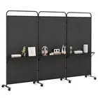 3-Panel Folding Room Divider 188cm Rolling Privacy Screen w/ 3 Metal Shelves