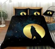 Howling Wolf In Golden Moon Stars Quilt Duvet Cover Set Pillowcase Bedclothes