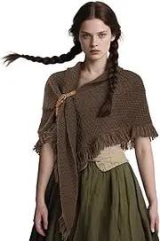 [JEGERMIG] Medieval Knitted Shawl Wrap with Fringe Trim Scarf Renaissance Triangle Shape