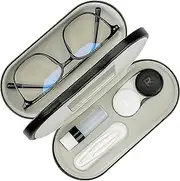 Zettokete 2 in 1 Contact Lens Case and Glasses Case,Double Sided Dual Use Design with Mirror, Tweezer and Contact Lens Solution Bottle,Portable Soak Storage Kit for Travel,Office(Black)