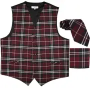 New Men's Plaid Tuxedo Vest Waistcoat & Necktie Set Burgundy Prom formal party