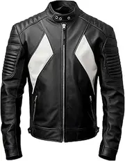 [Sumairah] Mens Motorcycle Sheepskin Coat Biker Casual Side Pockets Zipper Stand Collar Genuine Leather Jackets