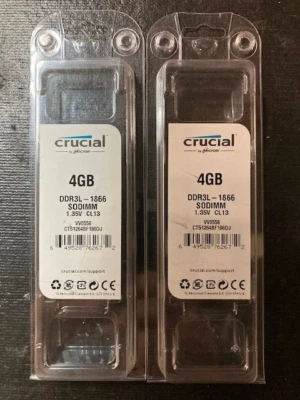 (LOT of 2) Crucial 4GB DDR3L-1866 SODIMM Laptop/Desktop RAM CT51264BF160DJ