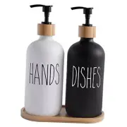 Glass Soap Dispenser Set, Contains Hand Soap and Dish Hd Black White & Tray