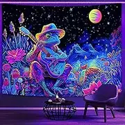 Blacklight Frog Tapestry, Fantasy Neon Funny Frog Guitar Mountain Plant Floral Art UV Reactive Tapestries, Cool Fairytales Galaxy Space Glow in the Dark Tapestry for Bedroom Boys Kids Decor, 60"x40"