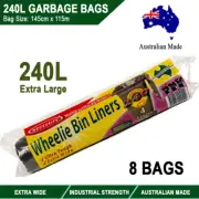 8pcs 240L Extra Large Wide Garbage Bin Black Liners Bags Rubbish Trash 145x115cm
