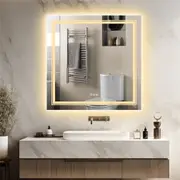 TOOLKISS LED Square Frameless Salon / Bathroom Wall Mirror – 80 x 80cm, Dual LED Strips, Anti-Fog, Touch Control, 3 Light Modes (Warm/Cool/Natural), IP65 Waterproof, UL Certified