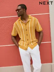 Yellow Relaxed Fit Cotton Rich Short Sleeve Stripe Knit Cuban Collar Shirt (AY3440) | $66