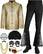 Mukum 7 Pcs Vintage Outfit Men 70s Disco Sequin Shirt and Bell Bottom Pants, Retro Costumes Include Sunglasses and Necklace
