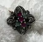 Natural Ruby Sapphire Emerald Marcasite Cluster Ring 925 Sterling Silver Sz 6.75