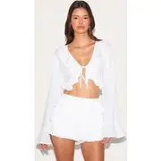 White Cheesecloth Ruffle Tie Front Long Sleeve Top, White