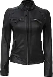[Vanitysty] Women's Quilted Cafe Racer Black Genuine Lambskin Leather Jacket for Women