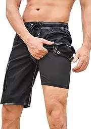 [SHEKINI] Men's Swim Trunks with Compression Liner 2 in 1 Mens Swimming Shorts 4-Way Stretch Bathing Suit Quick Dry Surfing Beach Board Shorts