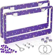 Bling License Plate Frames for Women 2 Pack, Rhinestone Crystal License Plate Cover with Bolts Washer Caps Univerasl Bling Car Accessories for Girls (Purple)