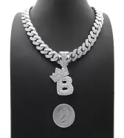 Silver PT Bubble Alphabet B Pendant 16" ~ 24" Iced Cuban Box Lock Chain Necklace