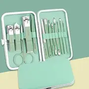 Pedicure Stainless Steel Nail Kit - 9/11/13/15/18 Pcs Manicure Nail Clippers Set With Portable Fashion Box,Green 13,piece set