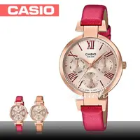 在飛比找momo購物網優惠-【CASIO 卡西歐】優雅氣質錶款 三眼玫瑰金 皮革石英女錶
