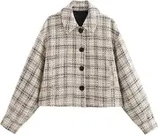 [PTBNRDC] Womens Casual Tweed Plaid Shackets Jacket Button Down Cropped Coat