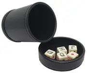 PU Leather Dice Cup Black Felt Lined Lid Tray + Spanish Poker Dice Ivory Tone