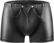[Syhzlz] Men's Soft Matte Leather Boxer, Sexy Below Button Open Crotch, Comfort Stretch Waistband