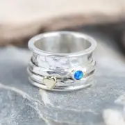 Solid 925 Sterling Silver Blue Stone Opal Heart Spinner Meditation Ring For Her