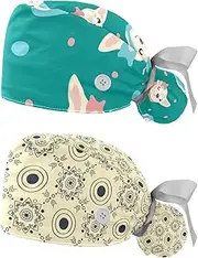 [WOSHJIUK] Working Hat 2 Pack Scrub Caps for Women,Bow Chihuahua Dog,Tie Back Cap Adjustable Scrub Hat