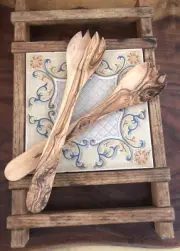 Italy Organic Hand Made Olive Wood Rustic 2-Piece Salad Server Serving Set Spork