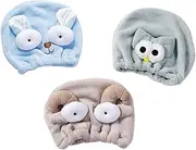 Beavorty 3 Pack Dry Hair Hat Super Absorbent Cartoon Animal Cap Rabbit Bird Goat Comfortable Bathing Cap for Shower