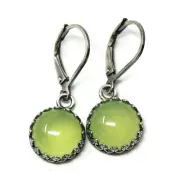 Prehnite Chalcedony Crown Bezel Drop Lever-back Earrings 925 Sterling Silver