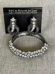 KJL Kenneth Jay Lane Gunmetal Black Snake Rhinestone Clip-on Earrings Bracelet