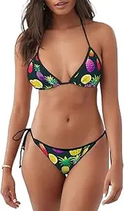 [DRTGEDS] Colorful Fruit Pineapple Printing Summer Women's Two Piece Bikini Sets Straps Ruched Swimsuit Bathing Suit for Beach, Black, Large
