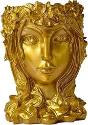 Romehaha Face Flower Pot Head Planter with Drainage Hole - Cute Resin Goddess Face Planter for Indoor & Outdoor Use (Goddess Golden, Large)