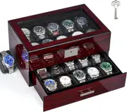 Watch Box 20 Slot Watch Cases for Men with Large Glass Lid 2-Tier Watch Display