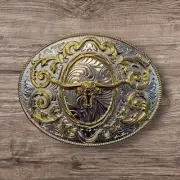 Cowboy Belt Buckle For Man - Long Horn Bull Head 4.25"x3.25" Silver Tone/Gold