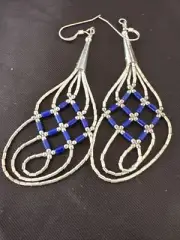 Blue Lapis 3 Strand Heishi Liquid Sterling Silver Dangle Earrings 17737