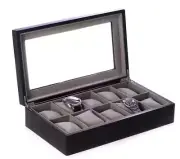 BEY-BERK Matte Black Wood 10-Watch Box with Glass Top & Velour Lining & Pillows
