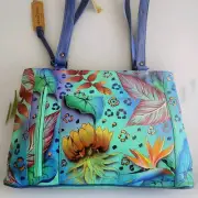 New Anuschka Turquoise Sea Leopard Blue Orange Flowers Leaves 449 Shoulder Bag