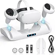 Quest 2 Charging Station - Magnetic Dock for Oculus/Meta Quest 2 VR Headset & Touch Controllers, High Speed, LED Indicator, 2 Rechargeable Batteries, White, USB-C