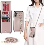 [Cavor] Vertical Flip Cover for Samsung Galaxy A13 5G Leather Case 6.5'' Crossbody Wallet Card Slots with 360°Rotation Ring Holder Kickstand & Long Shoulder Lanyard Strap-Rose