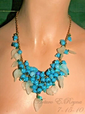 HANDCRAFTED TURQUOISE CZECH GLASS BEADS CHARMS BIB/ NECKLACE SET