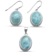 Oval Elegant Natural Larimar .925 Sterling Silver Earring & Pendant Set