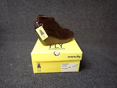 NEW Fly London Yama Oil Suede Espresso Wedge Ankle Boots Womens 35 (SS4)