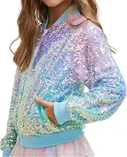 [Onedema] Girls Sequin Bomber Jacket Sparkly Bomber Outfit Long Sleeve Zipper Bright Colors 5-12T