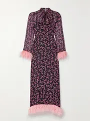 [HVN] HVN - Elisa Feather-trimmed Printed Silk-chiffon Midi Dress - Pink - US12 US 12 Pink