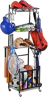 Snail 4-Tier Garage Sports Equipment Storage Organizer Sports Ball Storage Rolling Cart with Basket and Hooks Lockable Sports Ball Cage Storage Rack for Garages, Playgroup, Gym and Schools, Black