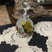 Butterfly & Roses Enameled Glass Crystal Topped Dauber Mini Perfume Bottle