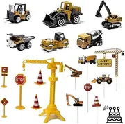 Construction Site Vehicles, Toy Car Cake Decoration, Construction Vehicles Toy Car Gifts for Birthday Boy, Includes Excavator, Road Scooter, Dumper, Mixer, Bulldozer, Forklift, Road Blocks, Crane