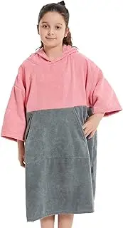 MUTAO Color Blocking Surf Poncho for Kids, Oversize Changing Towel Changing Robe with Hood for Surfing Swimming Water Sports (Pink+Grey)